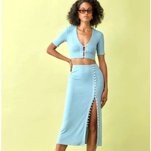 NWT REFORMATION Alberta Turquoise Skirt+Top Matching Set